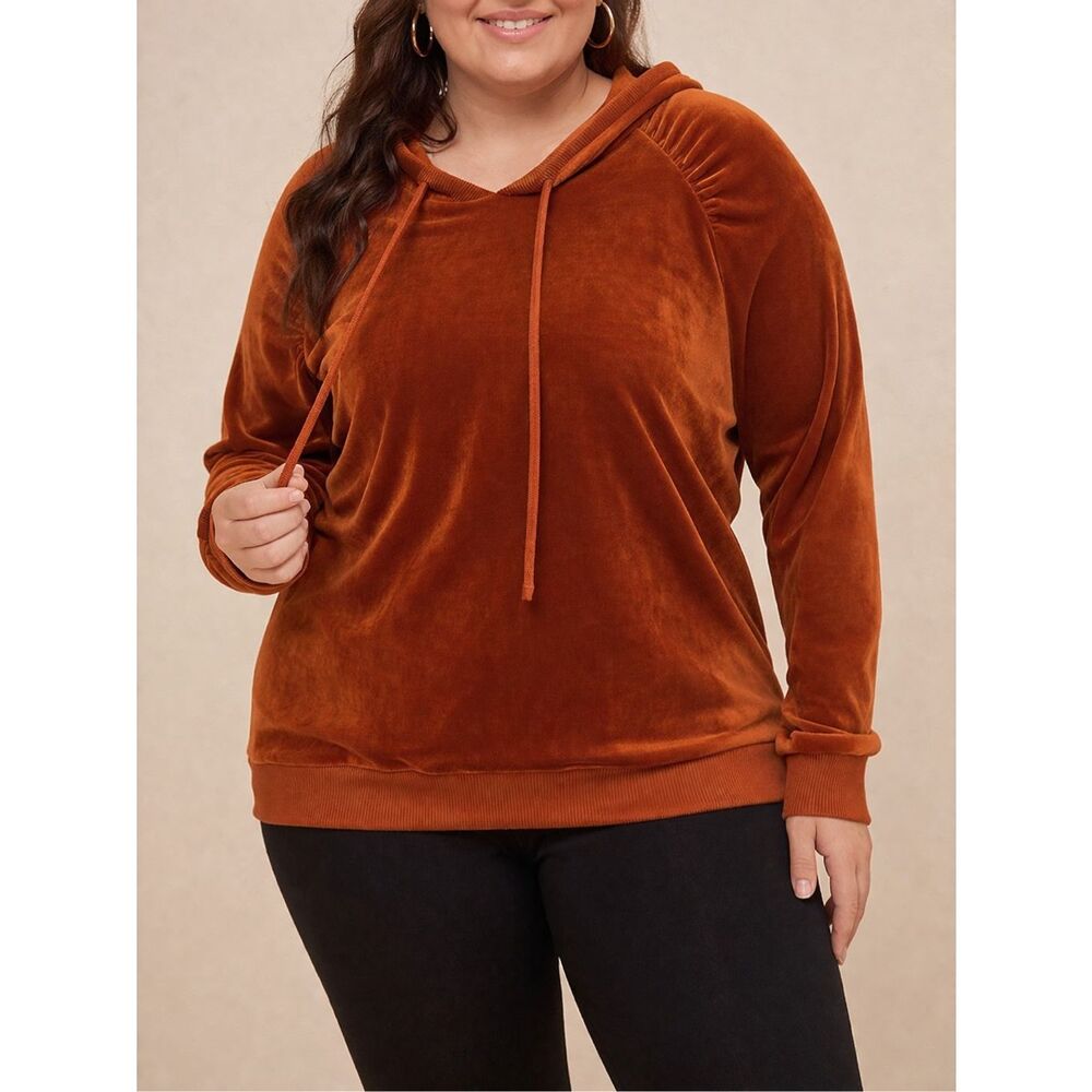 Jane & Delaney L burnt orange velour long sleeve hooded blouse